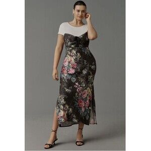 Anthropologie Twofer Midi Slip Dress Sz Lg Black Pattern